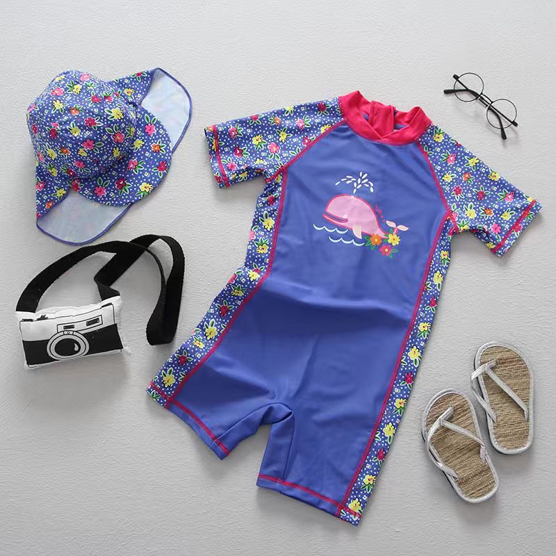 Kids One Piece Swimsuit with Sun Hat, Girls Short Sleeve Rash Guard, Cute Whale Floral Print UPF50+ Sun Protection Swimwear