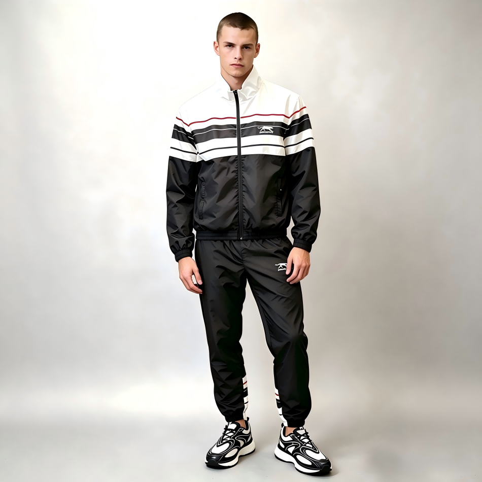 Men's Retro Color Block Tracksuit 2 Piece Set, Full Zip Stand Collar Striped Windbreaker Tractsuit