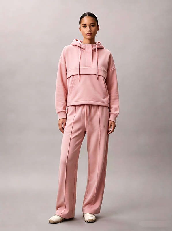 Women's  Tracksuit, Mock Layer Half Placket Hoodie & Seam Detail Wide Leg Sweatpants